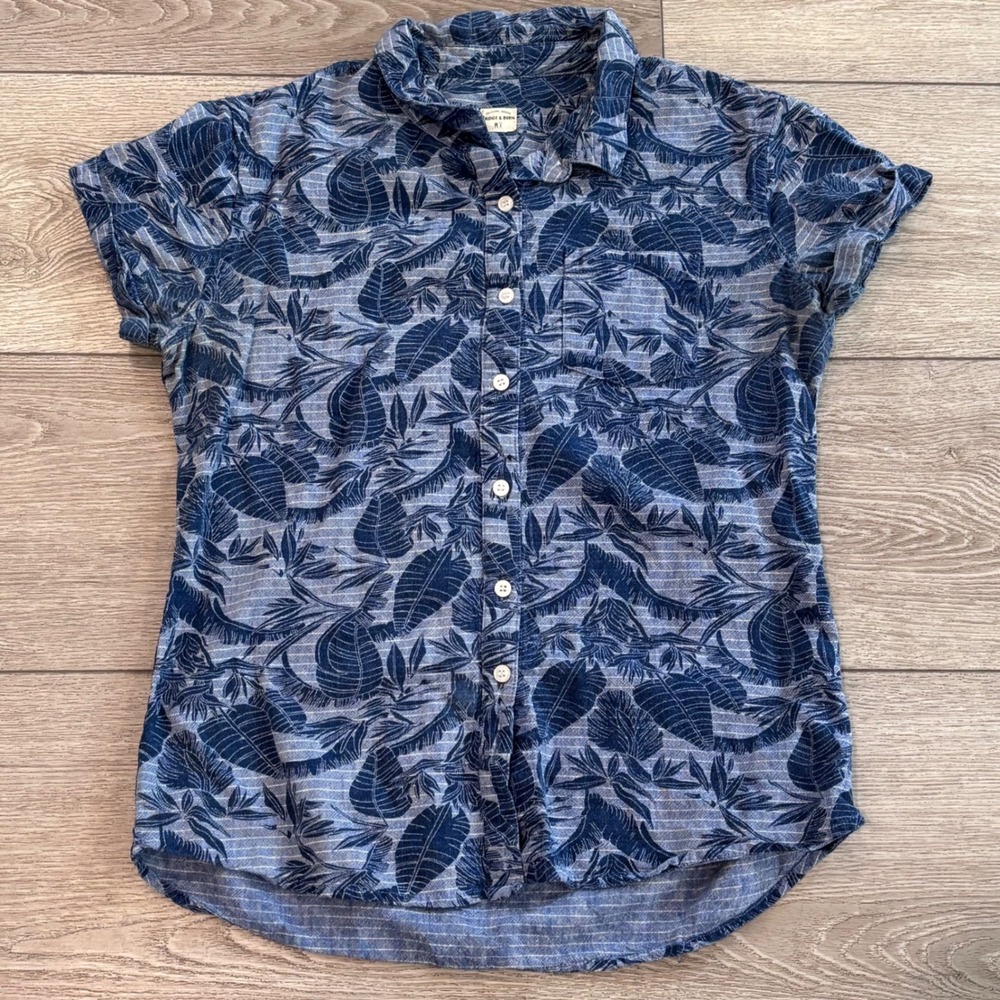 Bridge & Burn Button Up Shirt Womens Medium Blue Tropical Linen Blend Preppy